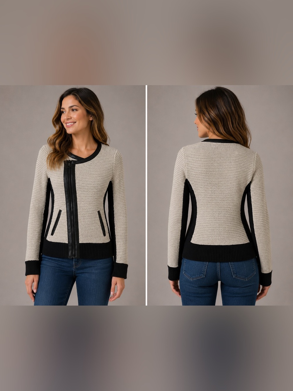 VENUS Knit Cardigan Jacket Sweater with Full Zip Front, Pockets & Ribbed Trim
